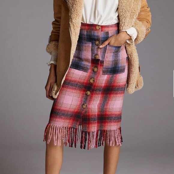 - NWT Anthropologie Maeve Red Pink Blue Plaid Fringed Skirt - Picture 2 of 13